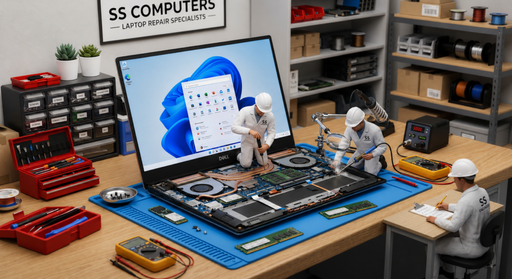 Mini engineers repairing a professional Dell laptop on a wooden workstation with tools and SS Computers branding.
