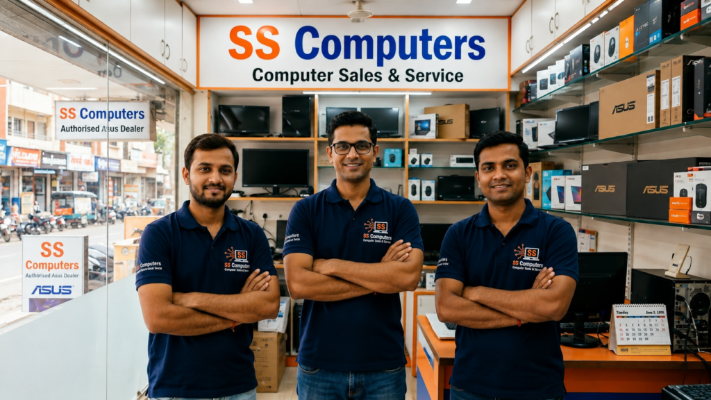 Professional SS Computers showroom with expert technicians, computer sales counter, ASUS laptops, and IT repair services in a modern store setup.